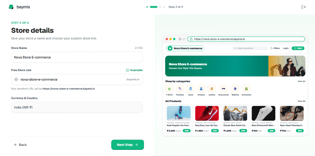 3. Step 2: Store Details & Subdomain